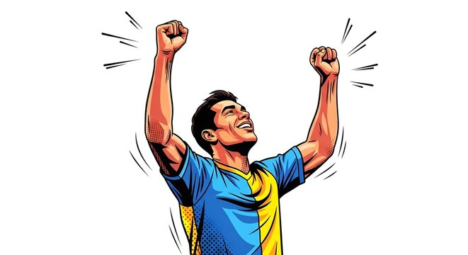 A triumphant person with arms raised in victory, celebrates a win or accomplishment