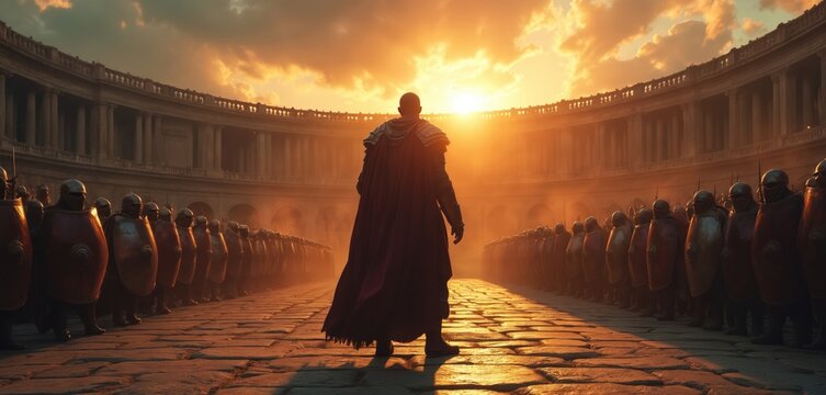 One Roman legionary stands in ancient arena at sunset before army formation. Soldiers in armor wait for battle, epic atmosphere fills stone coliseum. Historic scene.