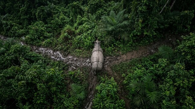 Javan Rhino Camera Trap Quality Portrait Ujung Kulon Extremely Rare Overhead Aerial Top-down