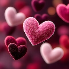 Obraz premium Soft pink and burgundy hearts floating on blurred background love romance valentine's day