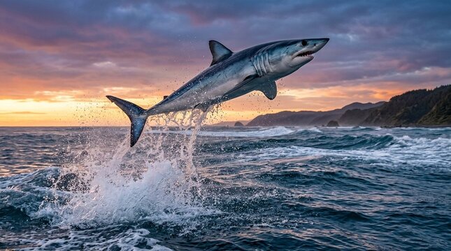 Mako Shark Shortfin Mako Surface Breach Full Body New Zealand Static Camouflage Habitat Blend - Golden Hour
