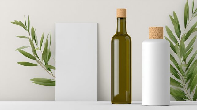olive oil glass bottle with cork, premium packaging mockup, copy space