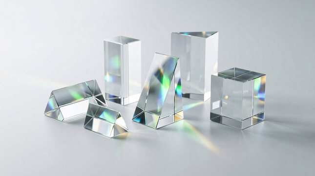 Objets en verre prismatiques sur fond clair