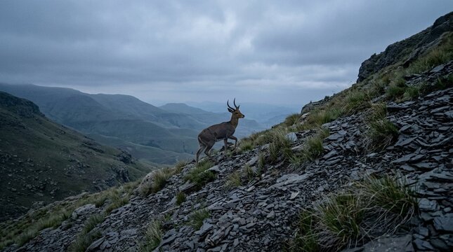 Reedbuck Mountain Reedbuck on Rocky Slope Vivid Horn Shape Mid-distance Behavioural Candid - Overcast Light