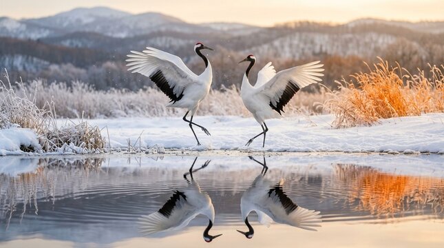 Red-crowned Crane Pair Dancing Hokkaido Japan Snow Background Synchronized Display Reflection in Water Surface