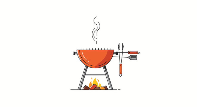 Grill with utensils and fire burning.