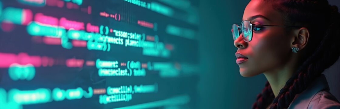 Black woman in glasses looks at computer code glowing with pink and blue light. She is focused on digital data displayed on screen in dark office. Future tech analysis.