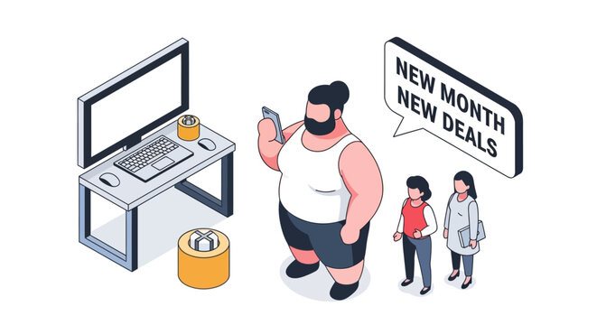 Isometric illustration of a man with a speech bubble about new deals.