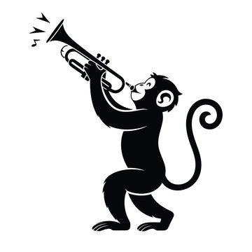 Black silhouette of monkey playing trumpet whimsical design