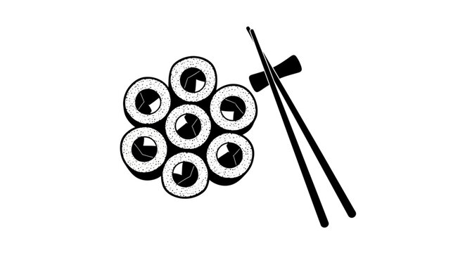 Sushi Rolls and Chopsticks Icon, Minimalist Japanese Food Illustration