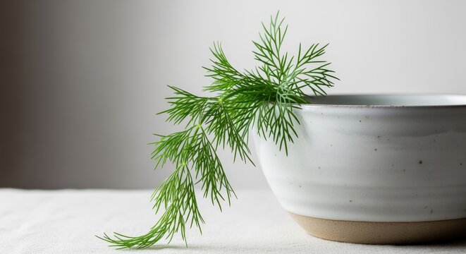 Fresh Dill Herb Sprig Emerging From White Ceramic Bowl