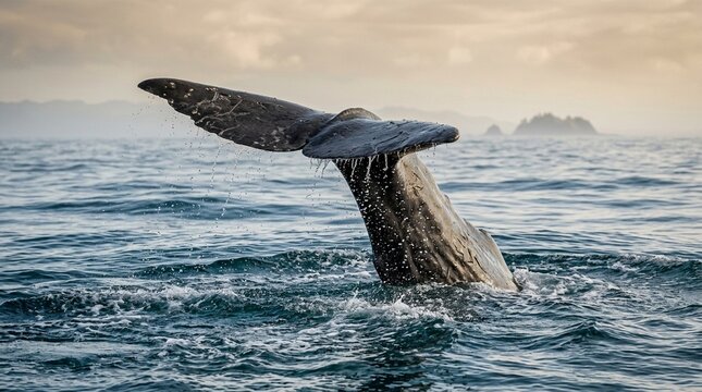 Sperm Whale Diving Tail Fluke Raised Above South Pacific Surface Eye-level Intimate Close Approach