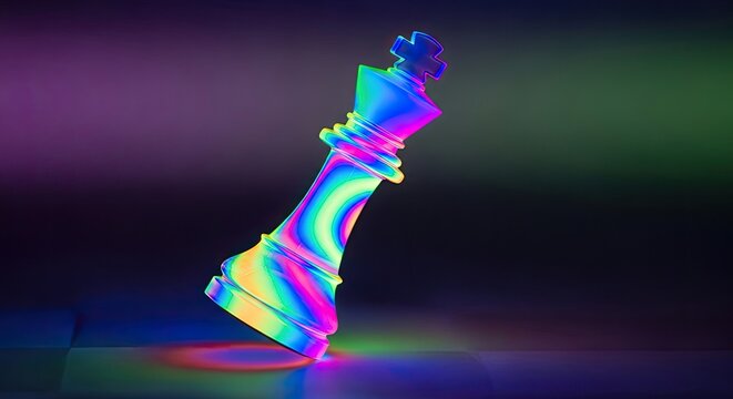 Glowing rainbow chess king piece tilting on dark abstract floor