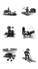 Obraz premium Vintage Farm Life Icons: Tractor, Farmer, Cow, Windmill, Chicken Coop, Barn