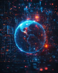 Fototapeta premium Futuristic digital globe with glowing data connections and illuminated circuitry background