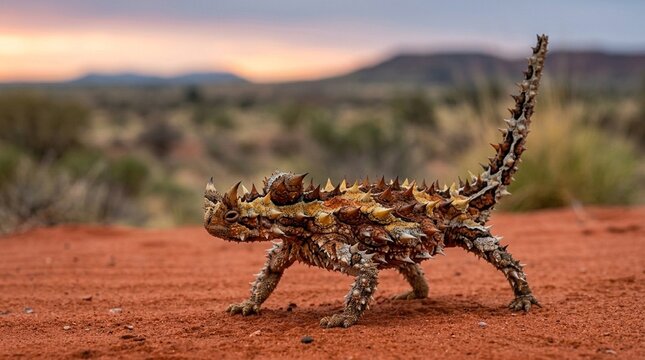 Thorny Devil Walking Across Red Sand Desert Australia Scale and Thorns Three-quarter Angle Body Composition - Twilight