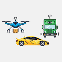 Naklejka premium Autonomous vehicles: drone, truck, and car with sensors, pixel art style