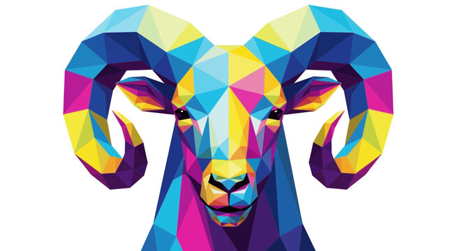 Colorful Geometric Ram Head with Large Horns, Low Poly Art Style, White Background