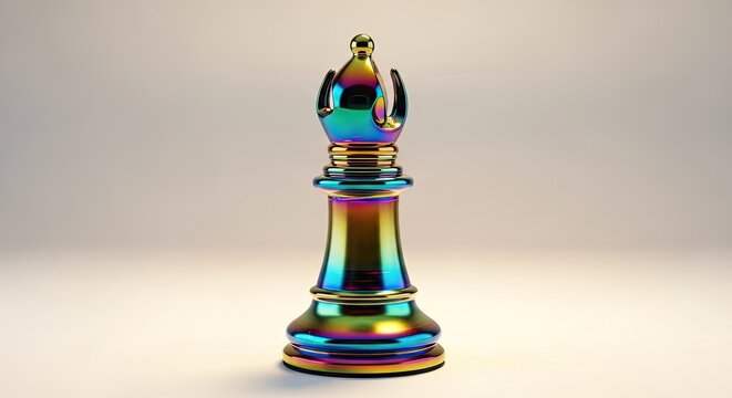 Iridescent metallic bishop chess piece on white background