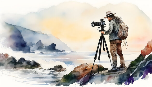 Landscape photographer capturing a misty coastal sunrise