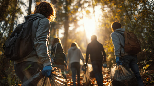 Group of volunteers cleaning up a forest trail during a sunny autumn day