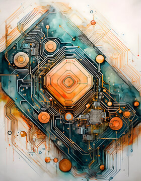 Abstract Microchip Circuitry in Watercolor Style