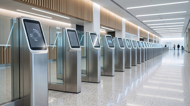 Portiques de contr&ocirc;le d'acc&egrave;s dans un hall de transport moderne