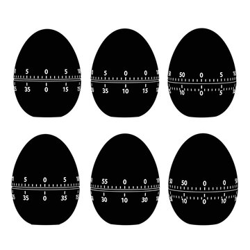 Six Black Egg Timers Arranged in Two Rows, Isolated on White Background