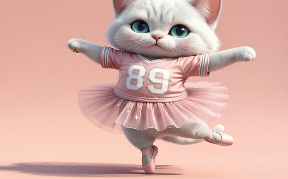 Adorable white cat in pink ballet outfit number 89 poised on pointe