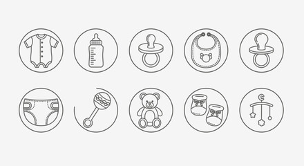 Fototapeta premium Baby Essentials Icons Set: Newborn Care, Feeding, Clothing, and Playtime Symbols