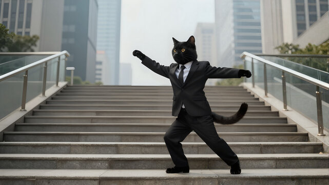 Funny Business Cat Dancing Between Skyscrapers, Copy space on the left