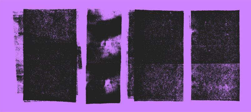 Rustic ink roller stamp texture set on purple background. Handmade damaged rough edges grunge vertical rectangle shapes. Vector hand drawn grain graphic effect imprints. Old aged texture effect.