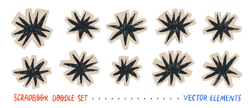 Scrapbook collage star stickers drawn with crayon or pencil on torn beige paper. Craft scrapbook vector elements for collage design, social media, poster. Kid notebook doodle drawing clip art.