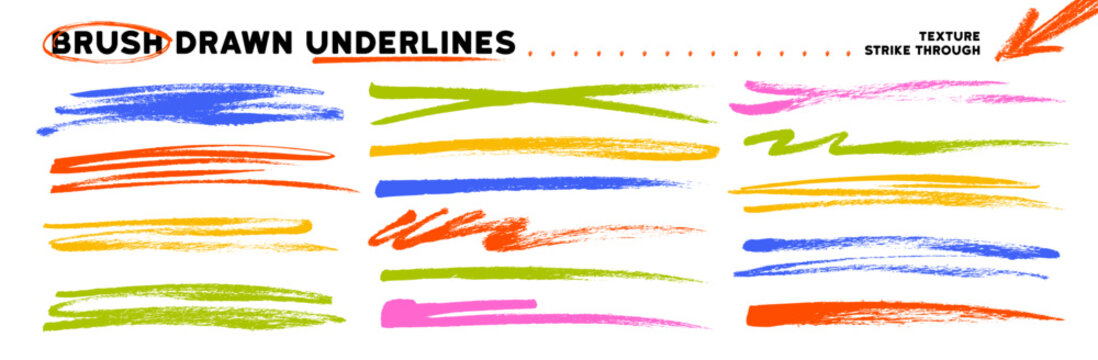 Brush drawn straight underlines and strikethrough collection. Vector png strike and swooshes. Colorful crayon or chalk drawn kid's scribble lines. Highlight marks for hand drawn notes and journaling.