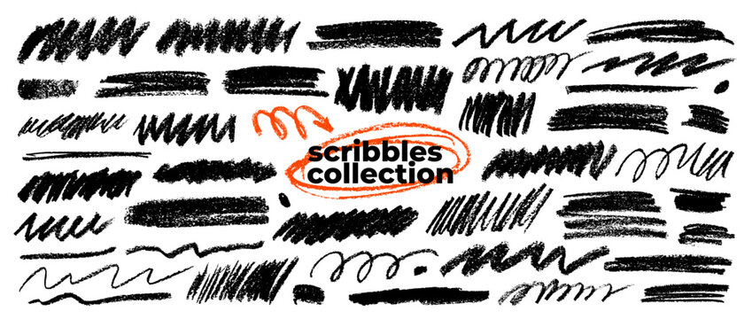 Charcoal or crayon scribbles and scrawls. Png vector pencil strokes for hand drawn memo notes and journaling. Underline scribbles, straight and squiggly lines, bold pastel text shapes.