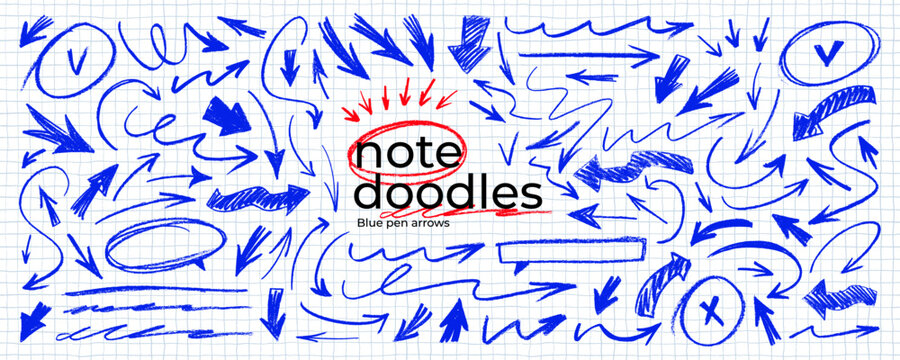Blue pen or crayon png arrows collection on checkered paper background. Vector doodle scribbly sketchy arrows for hand drawn notes, diagrams, zine design. Scrapbook or collage vector elements.