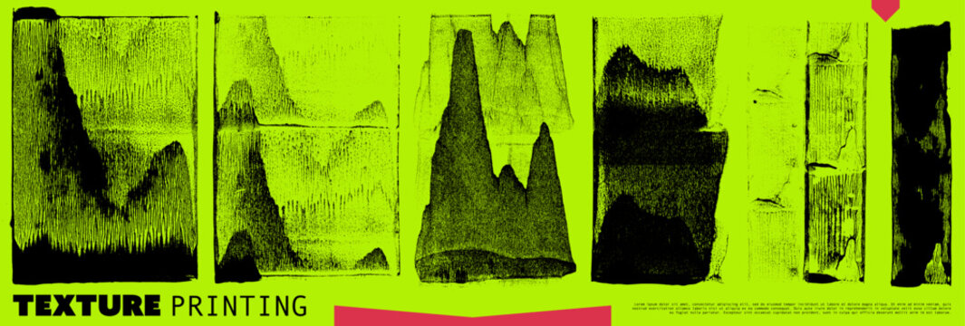 Linocut stamp texture overlays for risograph printmaking on toxic green background. Hand drawn vector roller print texture set. Grungy letterpress ink overlay block printing. Screen effect.