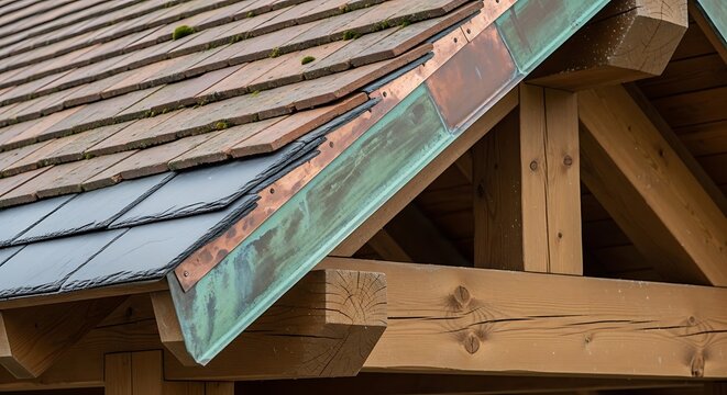 Close-up of rustic roof with clay tiles slate and weathered copper flashing