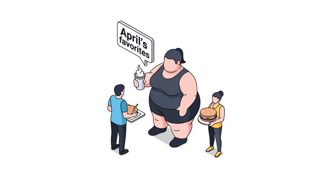 Isometric illustration of a plus-size woman with food favorites and helpers.