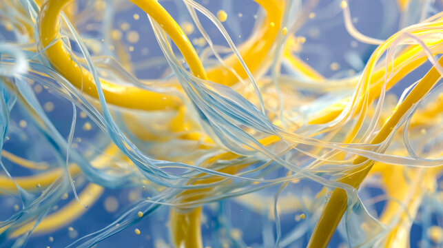 Abstract close-up of colorful intertwined fibers and strands in vibrant shades of yellow, white, and blue