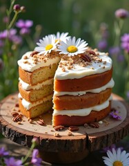 Obraz premium Hummingbird cake with pecans and cream cheese frosting is served outdoors. This sweet dessert has multiple layers and floral decoration on a rustic wood stand. It is a treat for any celebration.