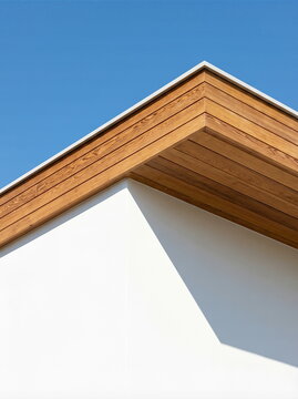 Modern architecture corner detail with wood soffit and white wall against clear blue sky, contemporary building design and aesthetics.
