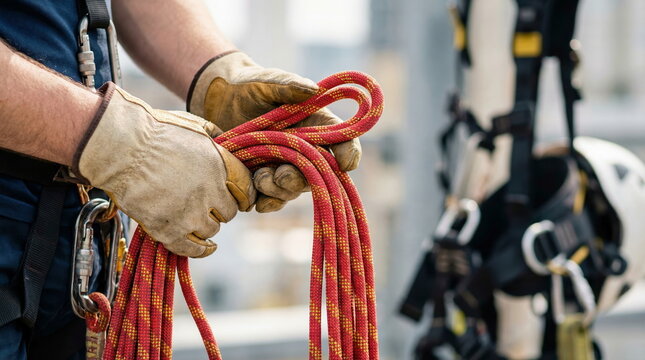 Worker hands coiling red safety rope with karabiner, outdoor industrial environment, high-rise building maintenance preparation.