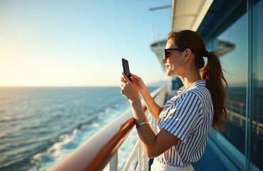 Naklejka premium Woman on cruise ship deck takes photos with smartphone. Ocean seascape at sunset, vast water expanse, clear sky. Luxury travel, leisure vacation activity, enjoying scenic view from boat balcony.