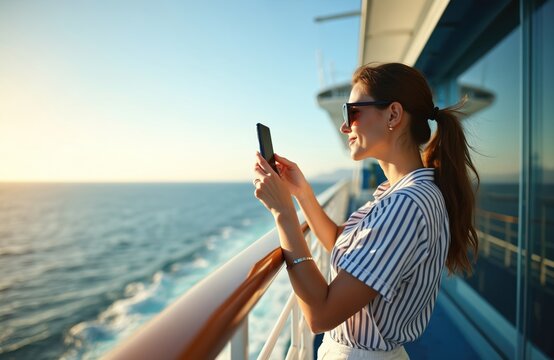 Woman on cruise ship deck takes photos with smartphone. Ocean seascape at sunset, vast water expanse, clear sky. Luxury travel, leisure vacation activity, enjoying scenic view from boat balcony.