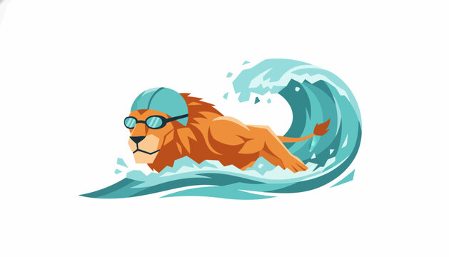 Dynamic illustration of a mighty lion in a swim cap and goggles powerfully navigating through a stylized blue wave, embodying speed, aquatic prowess, and determined spirit in a competitive arena