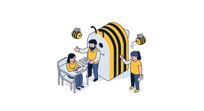 Isometric illustration of a teacher and students with a bee mascot.
