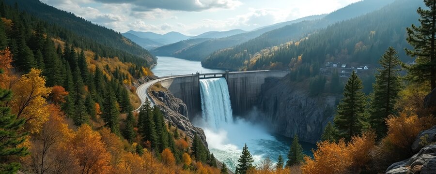 Massive dam structure spills abundant water creating waterfall cascade. Rich green and autumn trees cover mountainsides surrounding wide river. Road crosses top of dam.