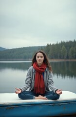 Fototapeta premium Young woman meditates in lotus pose on boat pontoon. Serene girl sits by calm lake and forest. Peaceful female practices yoga outdoors, finds inner calm.