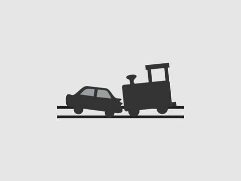 illustration showing a dark silhouette of a train engine colliding with the rear of a car on a railway track